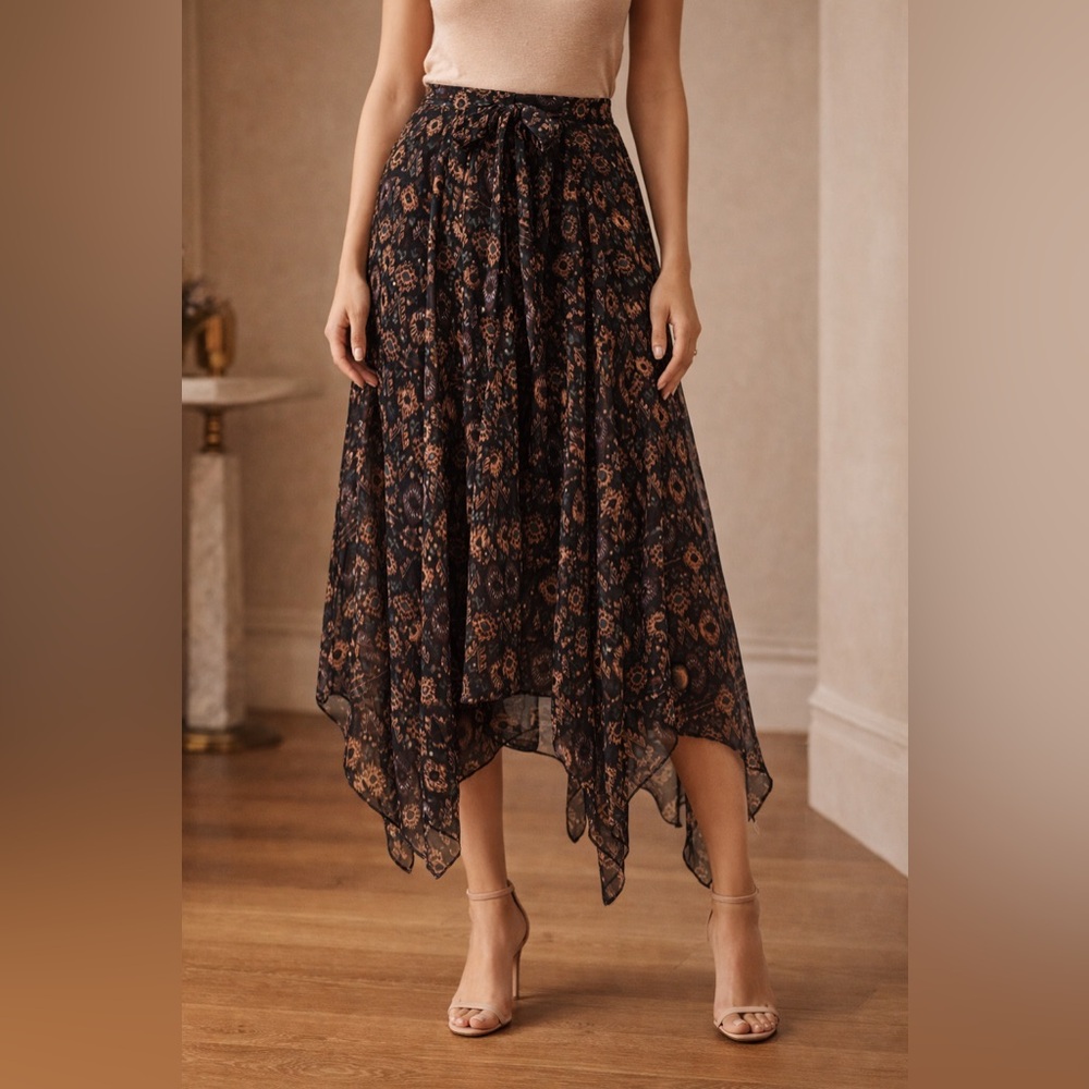 NEW Ulla‎ Johnson Nehir Midi Skirt Onyx Ikat Print Flowy Handkerchief Hem Size 8
